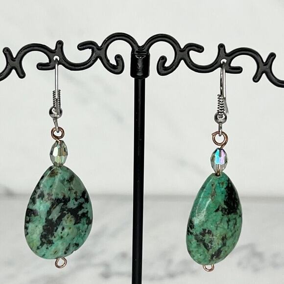 Faux Turquoise Teardrop Beaded Earrings Pierced Pair - Picture 3 of 4